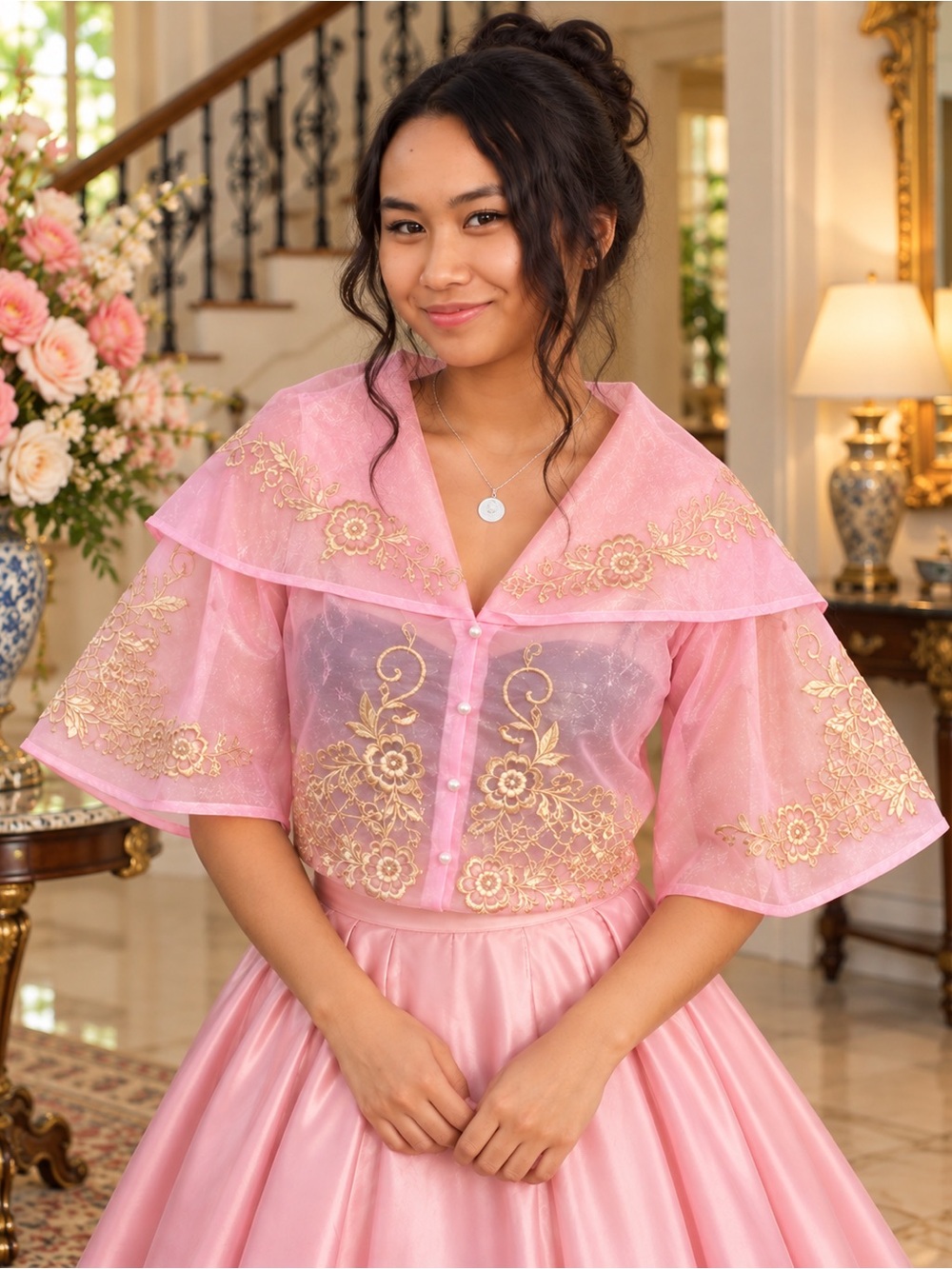 Filipiniana Maria Clara Balona Blouse Pink Sheer Gold Embroidered - Traditional